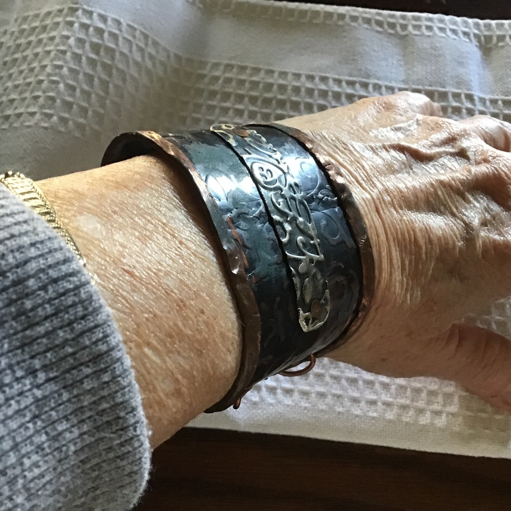 Forged Copper and Sterling Floral Cuff Bracelet